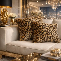 Golden Leopard Faux Fur Cushions | Animal Print Pillow & Cushions