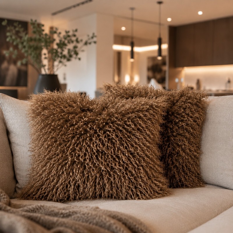 Brown Mongolian Faux Fur Cushion Covers | Brown Curly Haired Fur Cushions