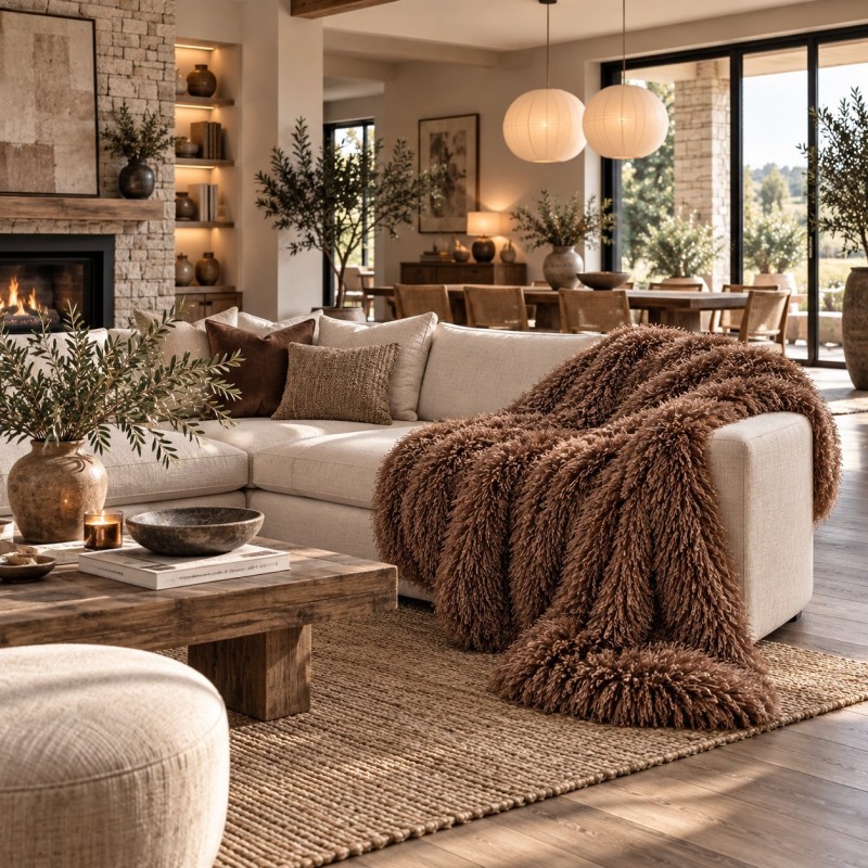 Coperta in pelliccia mongola | Plaid in finta pelle di pecora | Plaid in pelliccia color crema