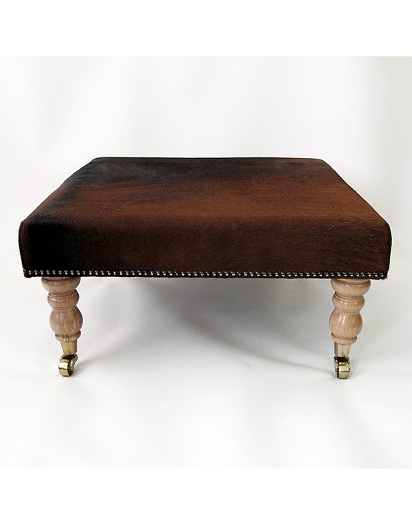 Plain Dark Brown Cowhide Footstool Genuine Brown Cowhide Ottoman
