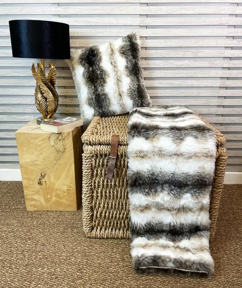 Economy white and brown striped faux fur throw and cushion