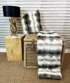 Economy white and brown striped faux fur throw and cushion