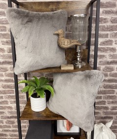 Mushroom coloured faux fur cushions