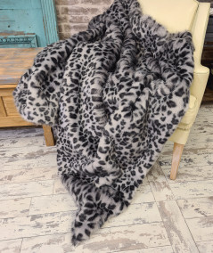 Grey and black spotted animal print faux fur bedspread