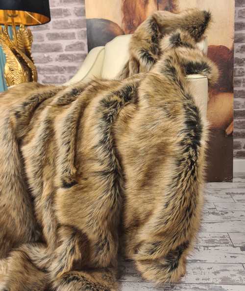 Luxury long-haired beige and brown faux fur throw