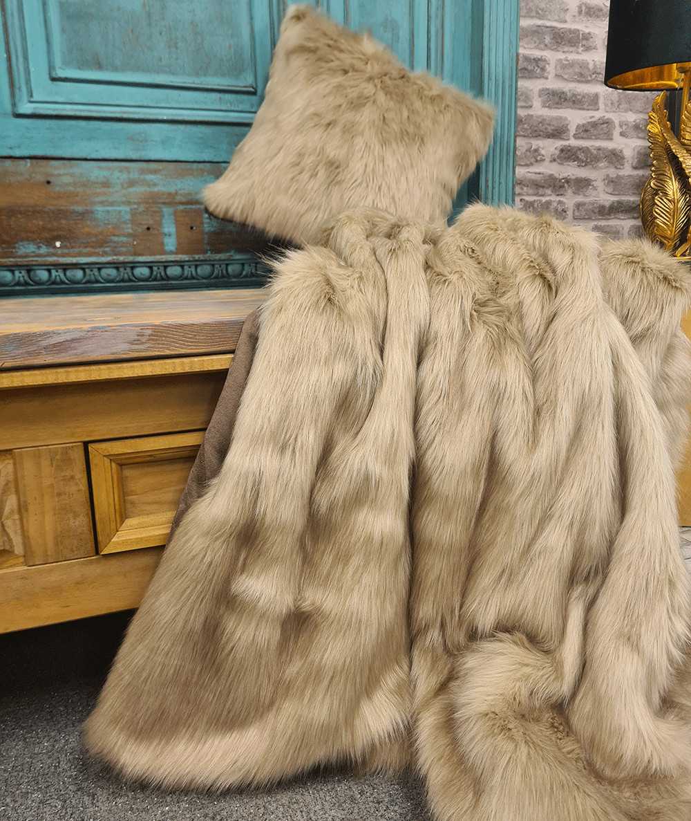 Luxury long-haired plain beige faux fur throw