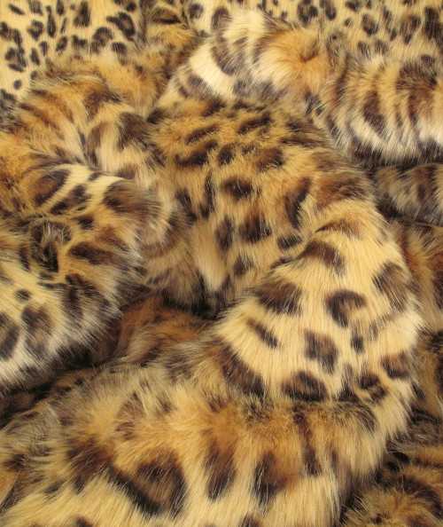 Close up image of the golden leopard print faux fur fabric