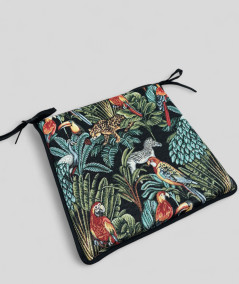 Multi-coloured square seat cushions with a modern rainforest design on a rich black tapestry base