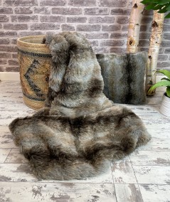 Grey and brown striped faux fur throw and cushion