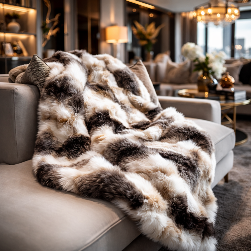 White Striped Fur Throw | Italian Wolf Faux Fur Throw | Faux Pelt Blanket