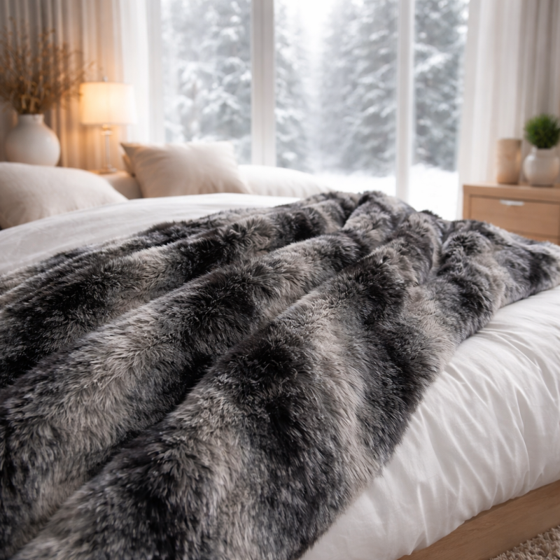 Black Striped Faux Fur Blanket | Wolf Faux Fur Throw