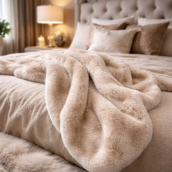 Richmond Almond Fur Throw | Large Faux Fur Blanket | Beige Bedspread
