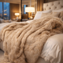 Plaid en fausse fourrure camel | Couvre-lit en fausse fourrure beige | Plaid en fourrure à poils longs
