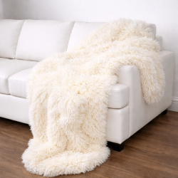 Luxury Mongolian Faux Fur Throw | Large Cream Curly Faux Fur Blanket |