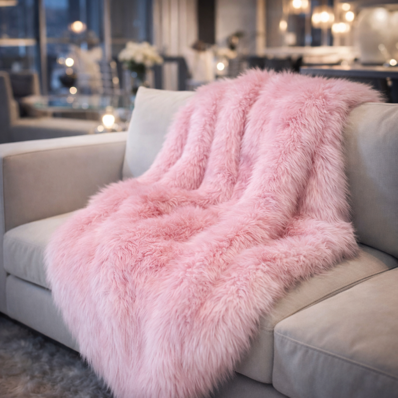 Bubble-gum Faux Fur Throw | Modern Pink Faux Fur Throws and Blankets