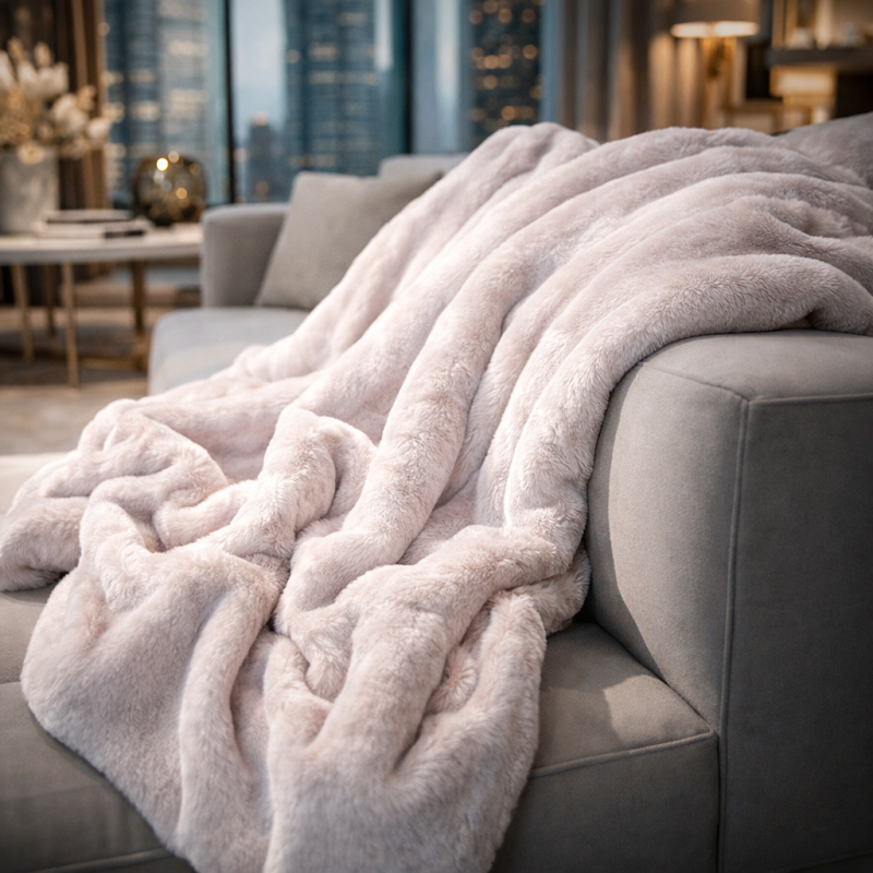Plaid en fausse fourrure beige givré | Grand plaid ou couvre-lit en fausse fourrure beige