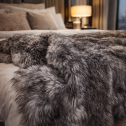 Couverture en fausse fourrure de loup européen | Couverture en fourrure d'animal grand format | Couvre-lit en fourrure