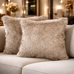 Tundra Wolf Faux Fur Cushions | Long-Haired Beige Faux Fur Cushions | Beige Pillows