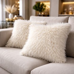 Cream Mongolian Faux Fur Cushion | Cream Curly Haired Fur Cushions |