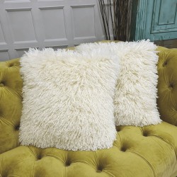 Cream Mongolian Faux Fur Cushion | Cream Curly Haired Fur Cushions |