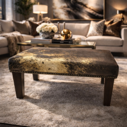 Small Brown & Gold Cowhide Footstool | Small Cow Hide Foot Stool