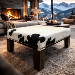 Petit repose-pieds en cuir de vachette crème et noir | Petit repose-pieds en peau de vache