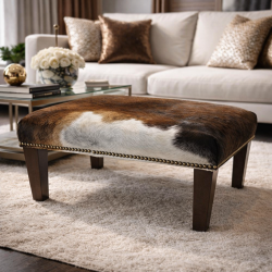 Large Brown Footstool with White Patch | Brown Cow Hide Footrest