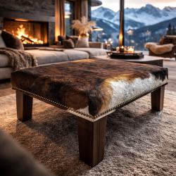Large Brown Footstool with White Patch | Brown Cow Hide Footrest