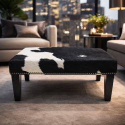 Petit repose-pieds en cuir de vachette noir et blanc | Petit repose-pieds en cuir de vachette