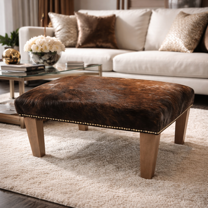 Small Brown Speckled Cowhide Footstool | Small Brindle Hide Footstool