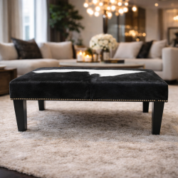 Extra Large Black & White Footstool | Rectangular Cow Hide Foot Stool