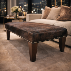 Tabouret en cuir de vachette marron bringé | Véritable pouf en cuir de vachette marron