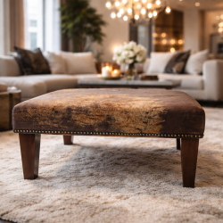 Medium Sized Cowhide Footstool | Brown Leather Hide Square Foot Stool