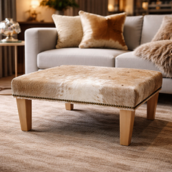Large Beige/Cream Brindle Cowhide Footstool | Real Cow Hide Ottoman