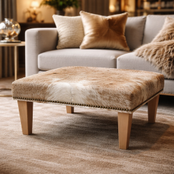 Medium Square Cowhide Footstool | Beige and White Square Foot Stool