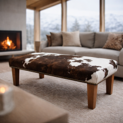 Extra Large Brown & White Cowhide Footstool | Real Cow Hide Foot Stool