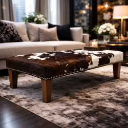 Extra Large Brown & White Cowhide Footstool | Real Cow Hide Foot Stool