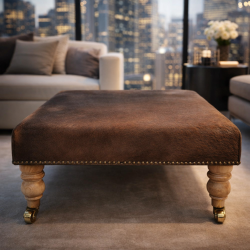 Plain dark brown cowhide footstool | Genuine brown cowhide ottoman