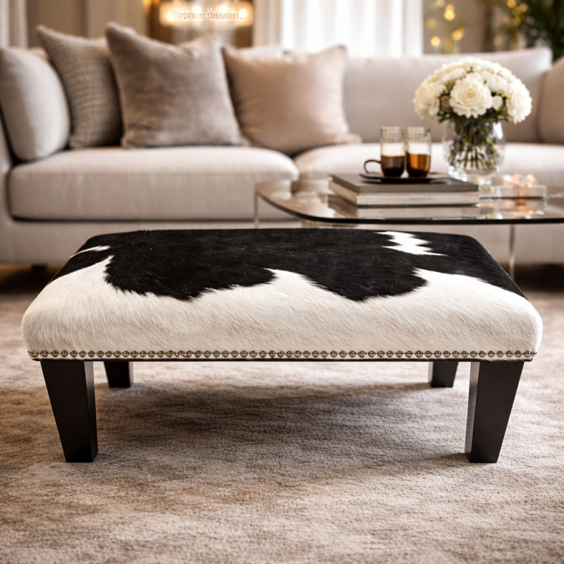 Petit repose-pieds en cuir de vachette noir et blanc | Petit repose-pieds en cuir de vachette