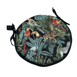 Coussins de chaise ronds style bistro, motif tapisserie forêt tropicale noire | Coussins de chaise circulaires