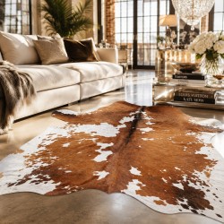 Large Tan & White Cowhide Rug | Tan & White Cowskin | Tan Hair on Hide
