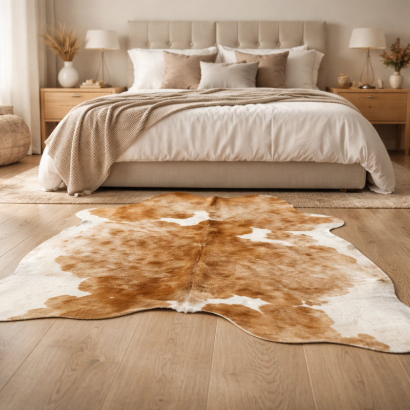 Grand tapis en peau de vache beige et blanche | Peau de vache beige et blanche | Poils beiges sur la peau