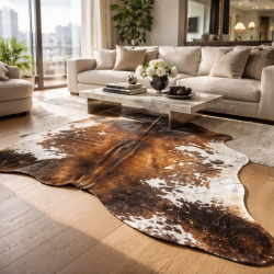 Large Natural Cowhide | Brown & White Cow Hide Rug| Brown Hair on Hide