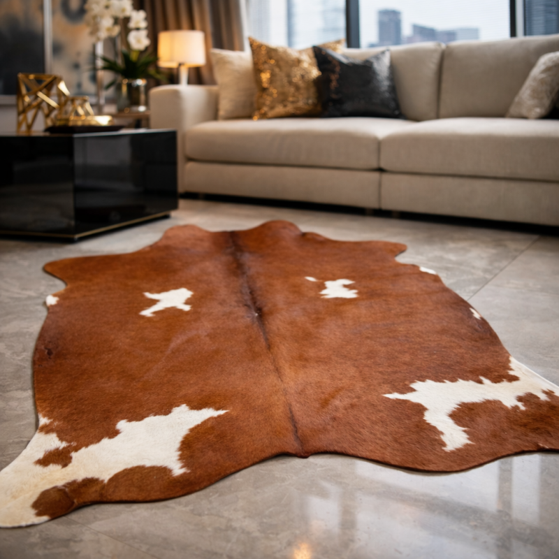 Grande peau de vache marron châtaigne et blanche | Tapis en peau de vache rouge, marron et blanche |