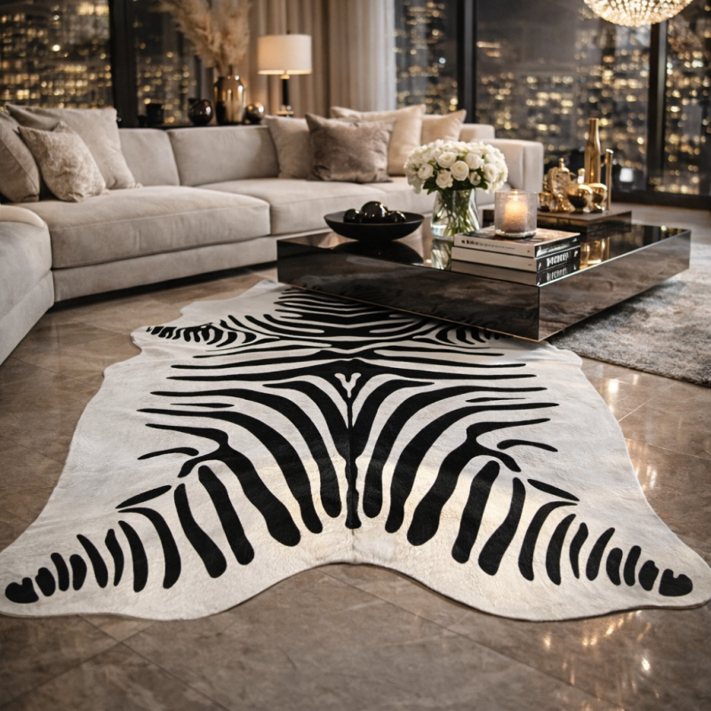 Large Printed Zebra Cowhide Rug| Large Black & White Zebra Cow Hide Rug