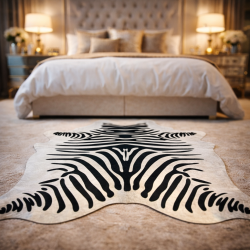 Tapis en peau de vache à motif zèbre grand format | Grand tapis en peau de vache zébrée noire et blanche