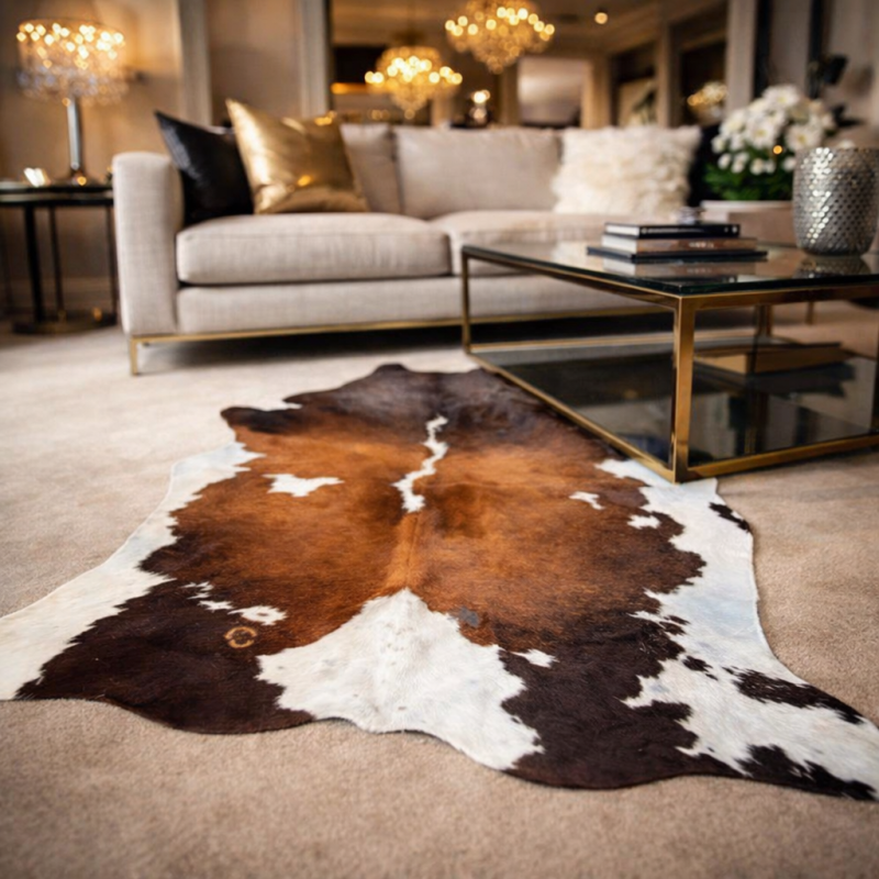 Tapis en peau de vache extra large, marron et blanc cassé | Peau de vache naturelle extra large
