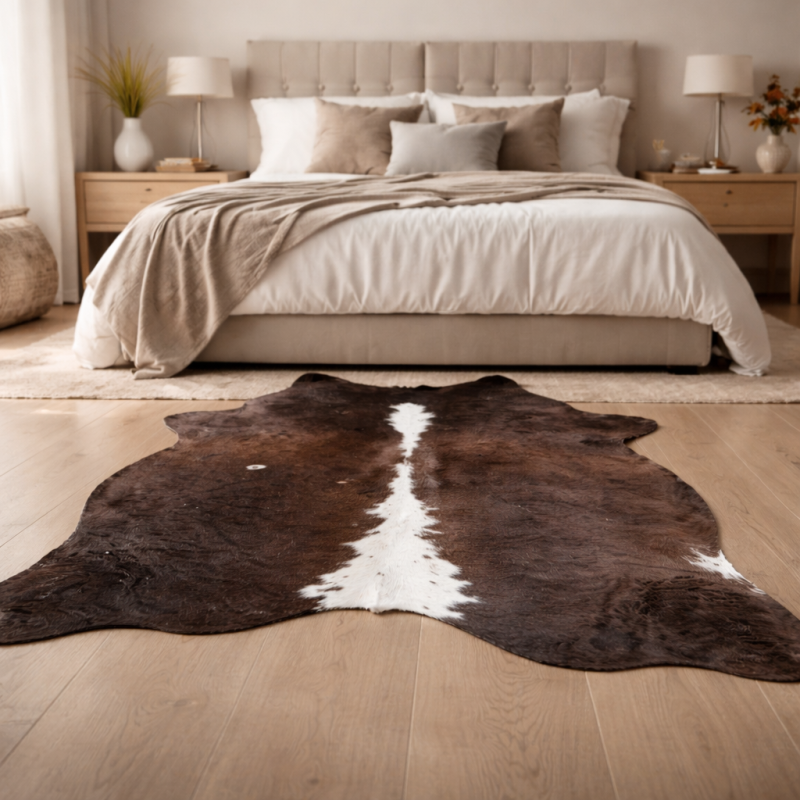 Grande peau de vache naturelle | Tapis en peau de vache marron et blanche | Poils bruns sur la peau
