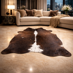 Grande peau de vache naturelle | Tapis en peau de vache marron et blanche | Poils bruns sur la peau