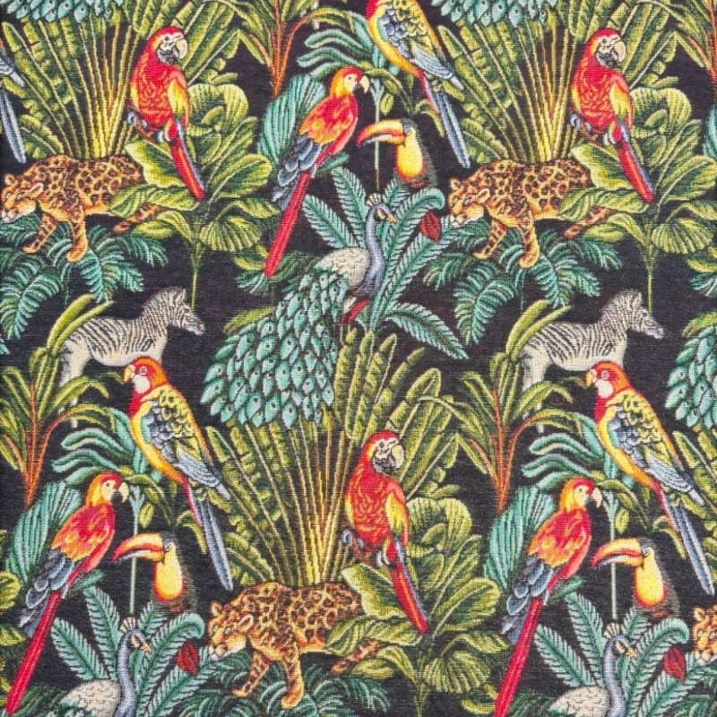 Tessuto arazzo nero della foresta pluviale | Tessuto stampato tropicale | Tessuto per artigianato
